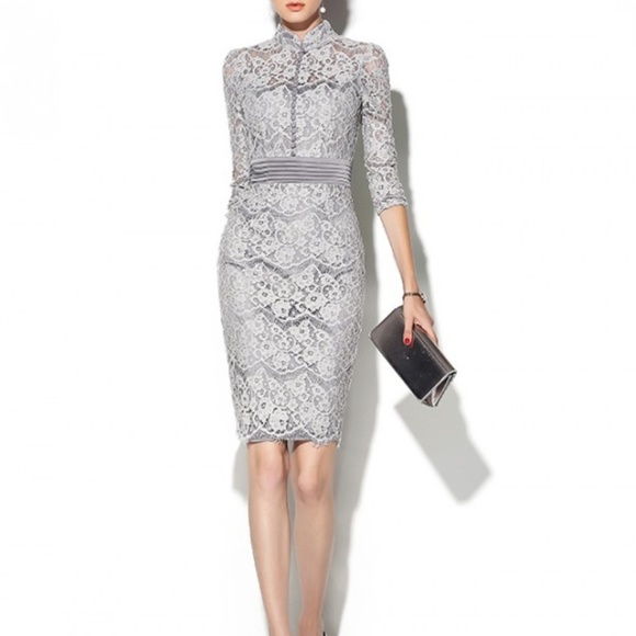grey lace midi dress